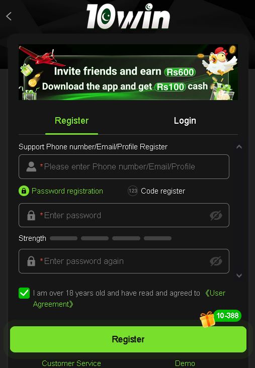 10win register, singup or account create options