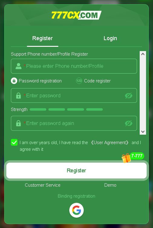 user can easily create 777cx account by clicking on register