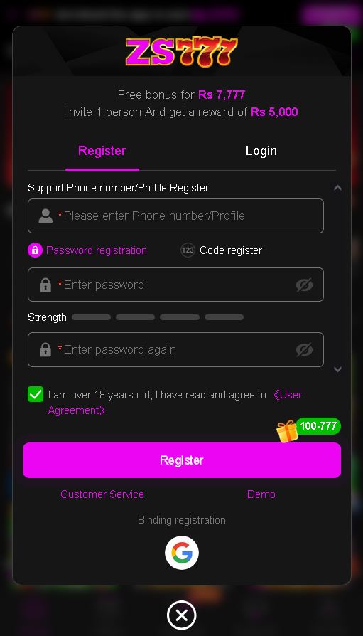 zs777 registration or signup process